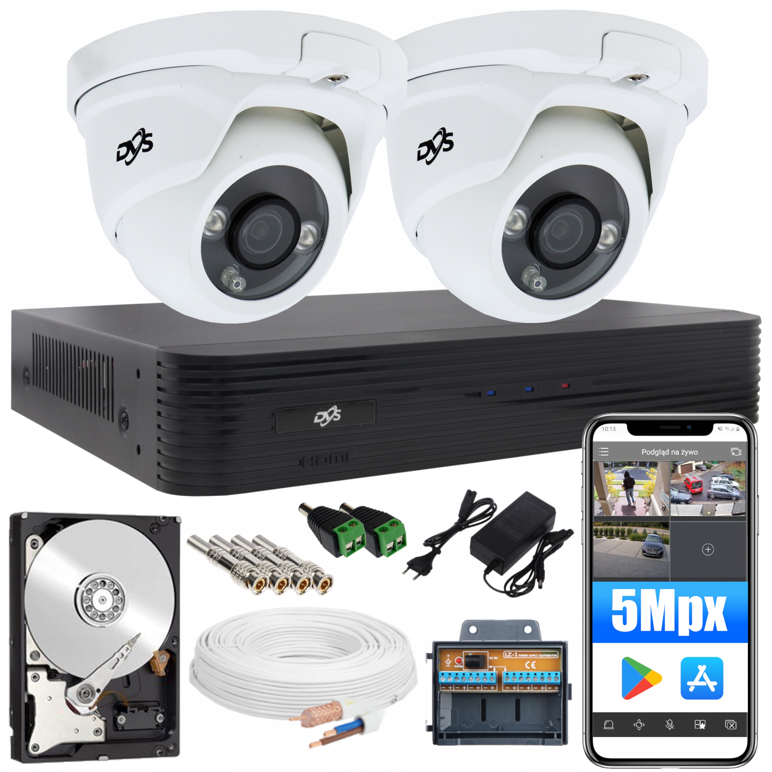 MONITORING DVS 2 KAMERY KOPUŁKOWE 5MPX IR20 DYSK