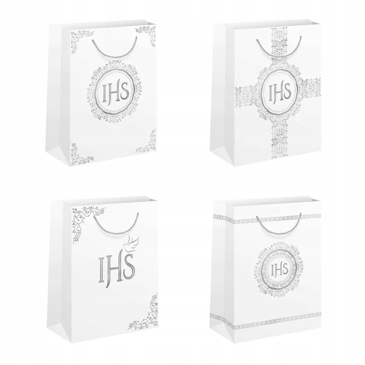 Torebka na prezenty komunijne IHS białosrebrne MAŁA 1 SZTUKA MIX WZORÓW