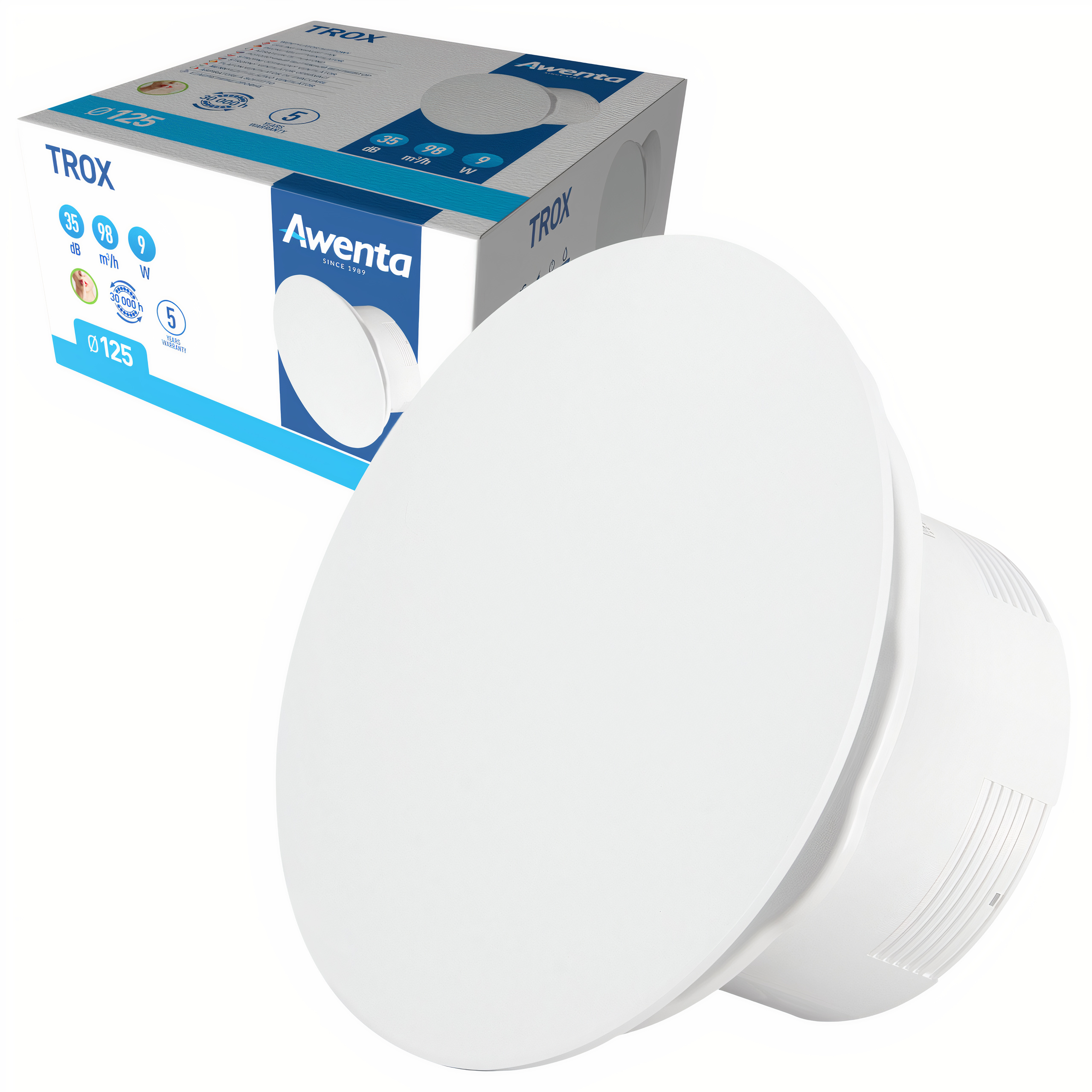 Wentylator łazienkowy Awenta Trox 125 mm biały cichy z higrostatem sufit