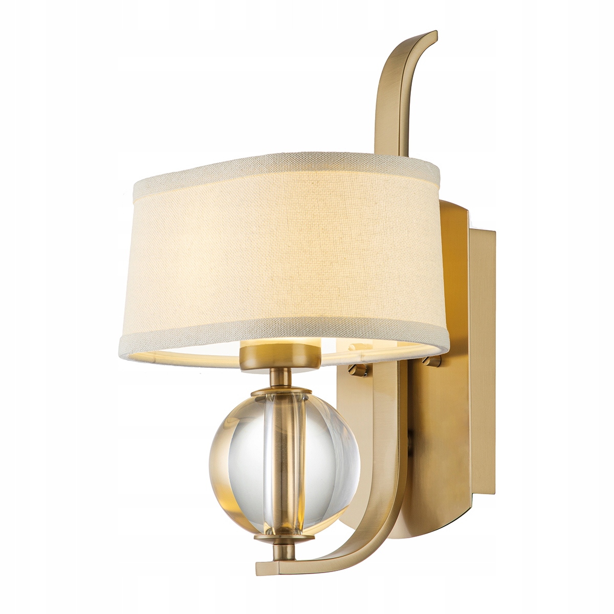 Mosadzná nástenná lampa s krémovým tienidlom, ozdobná sklenená guľa Quoizel