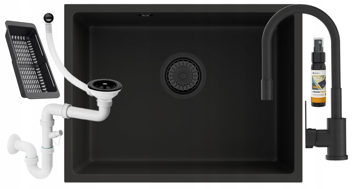 Granitový drez pod dosku, čierny, umývadlo Manado 60, sada batérií, sifón