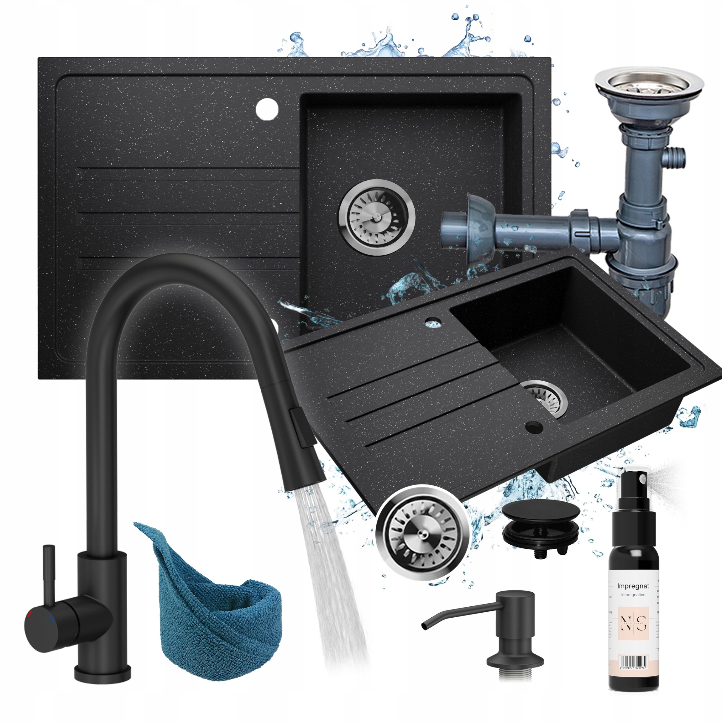 Granitový dřez černý sada: dřez sifon baterie dávkovač odkapávač