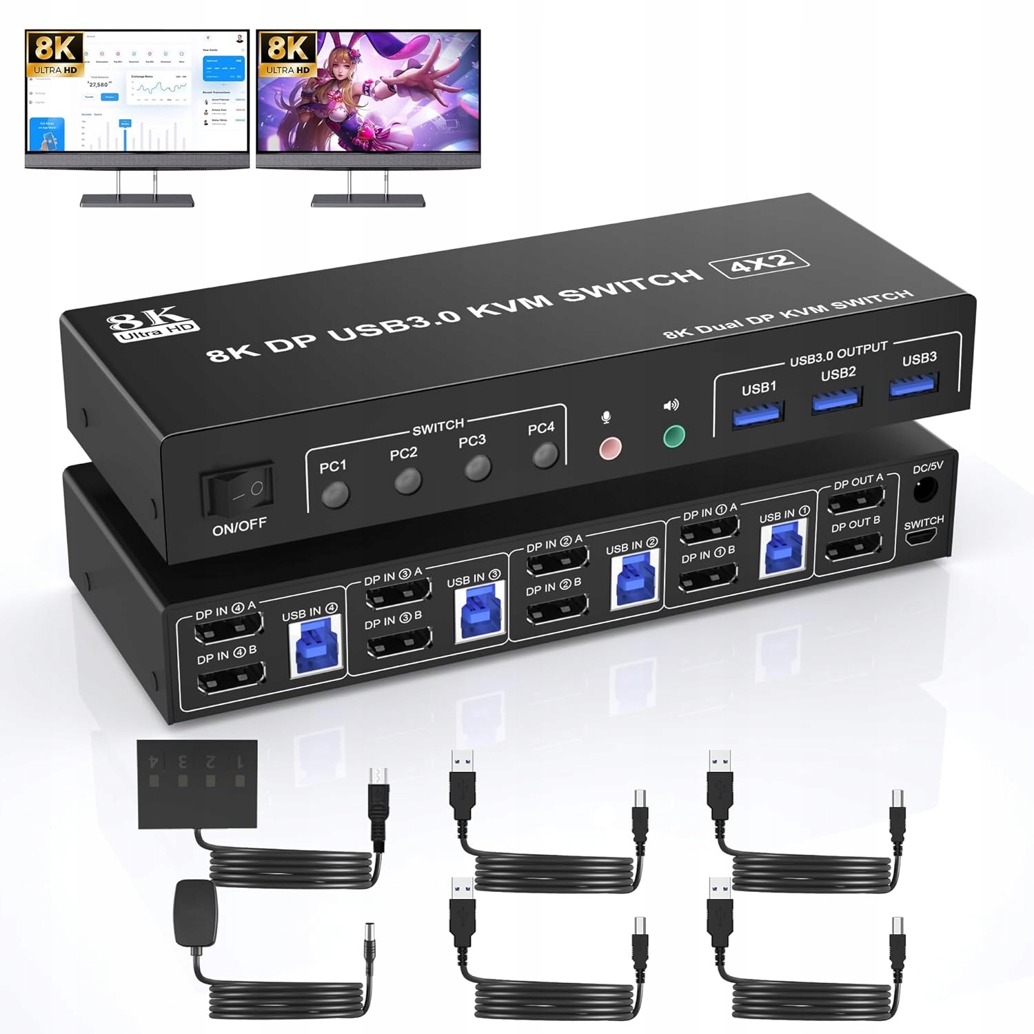 Przełącznik KVM Switch DP HDMI 4K 60Hz 4 komputery 2 monitory USB 3.0