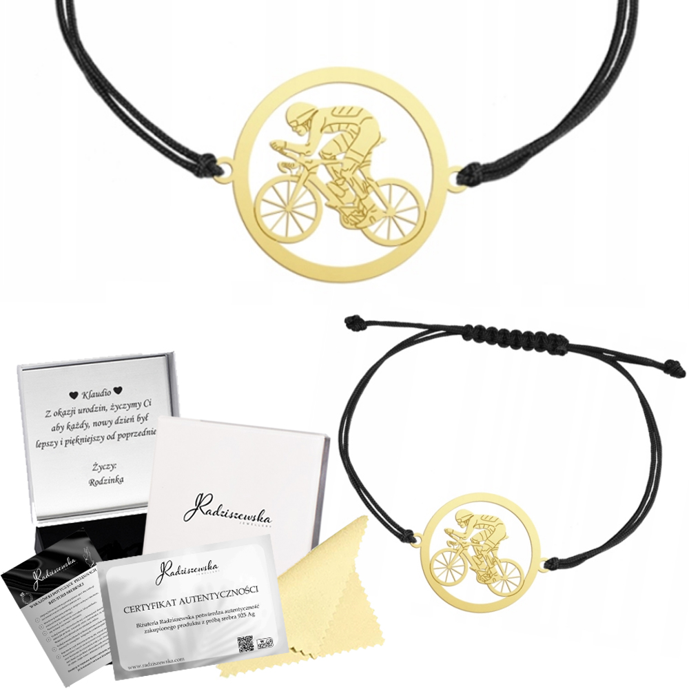 Zlatý Náramek S Cyklistou Šňůra Stříbro 925 Dárek Gravírování