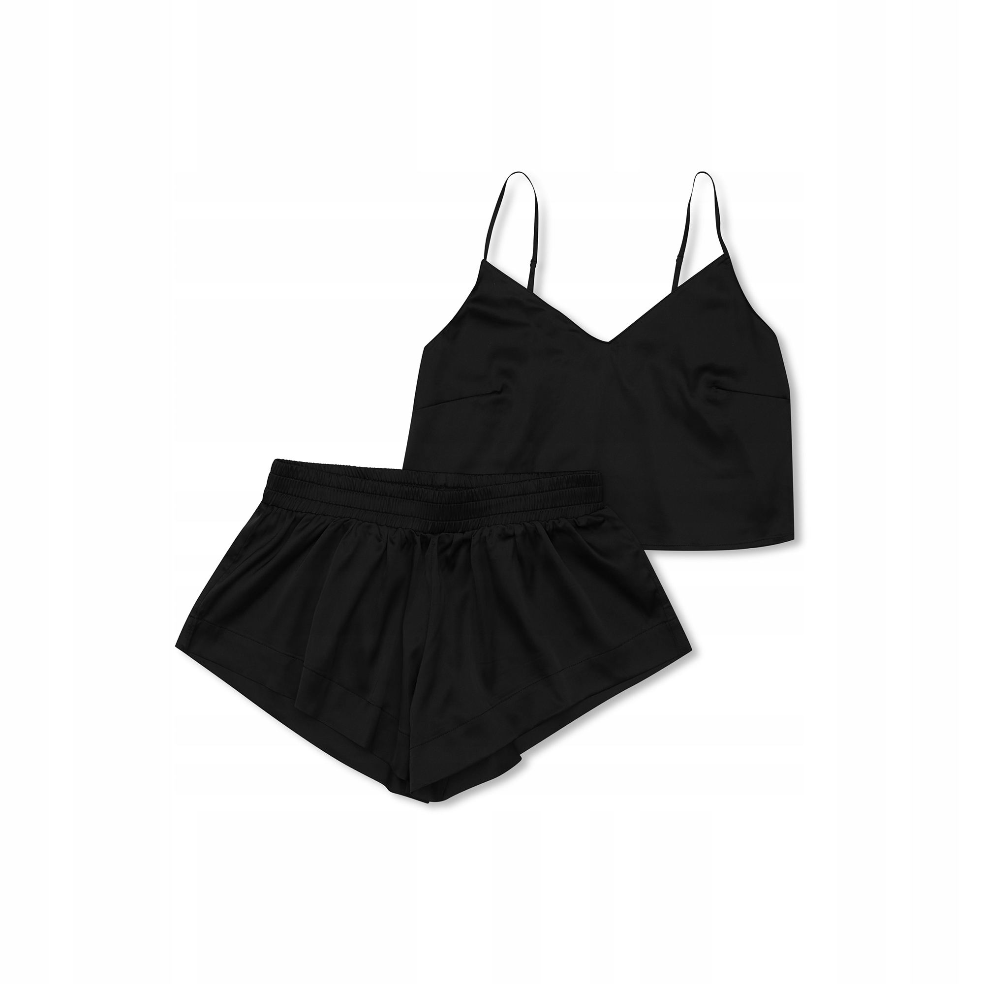 Saténové Dámské Pyžamo Černý komplet Crop Top Šortky [esotiq] L