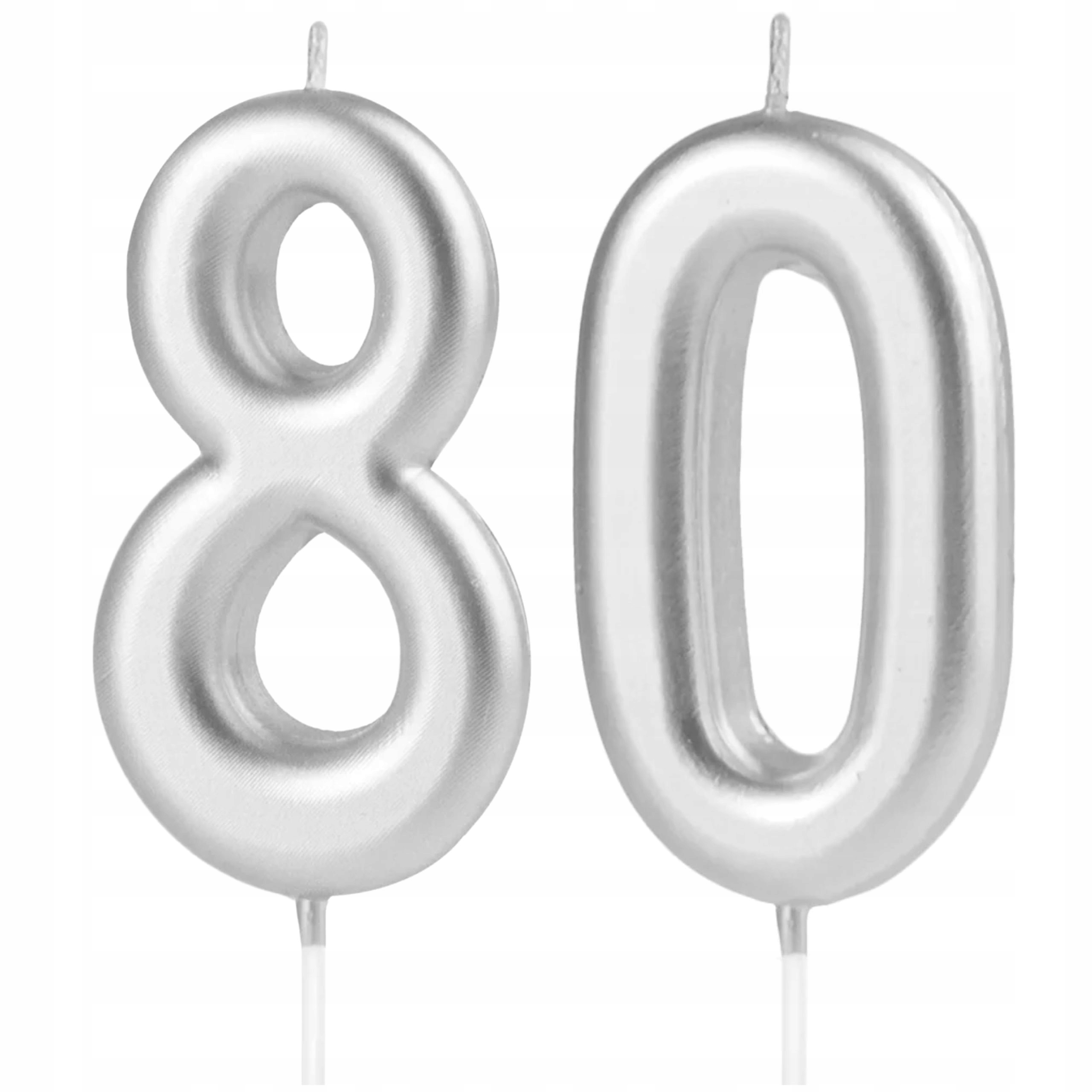 ŚWIECZKI URODZINOWE NA TORT 80 OSIEMDZIESIĄTKA CYFRY DŁUGIE SREBRNE