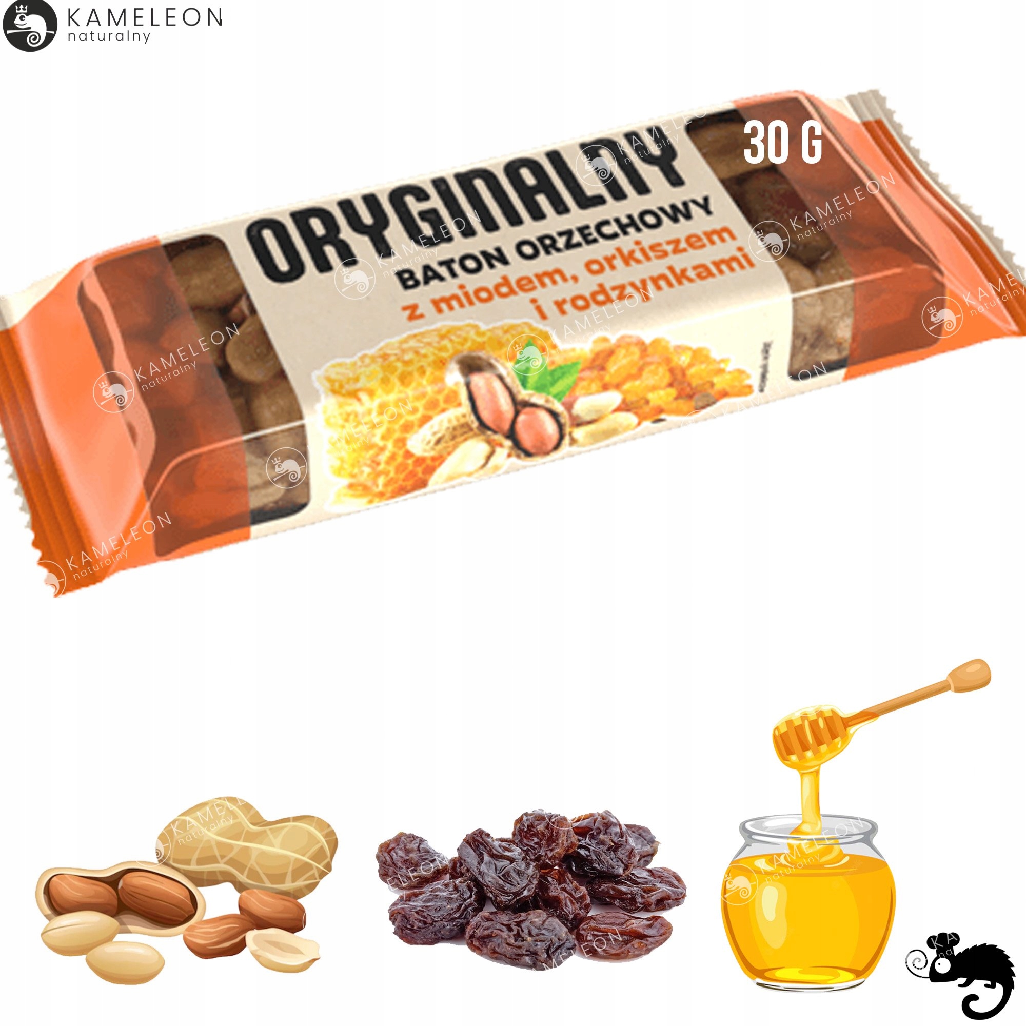 ORYGINALNY BATON ORZECHOWY z MIODEM ORKISZEM RODZYNKAMI orzechy miód 30g