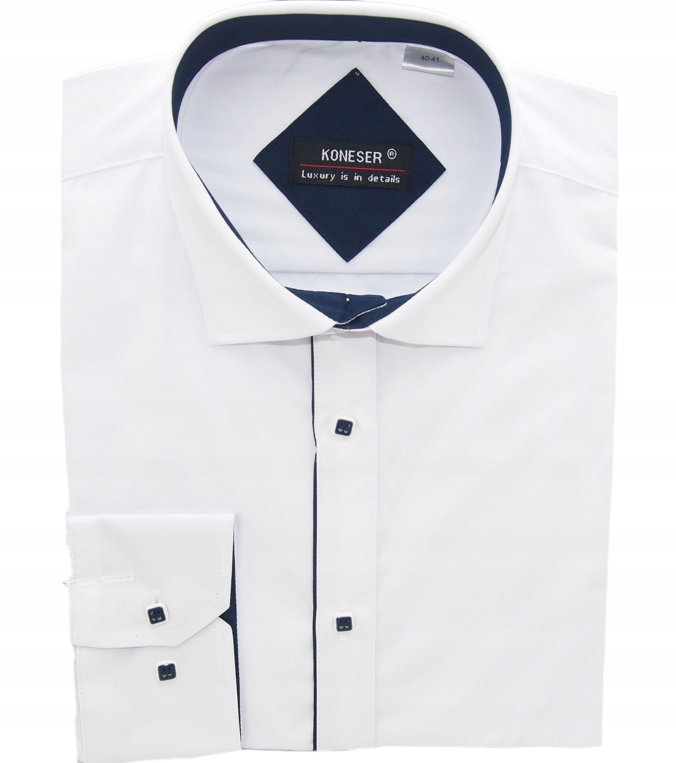 KOSZULA MĘSKA BIAŁA GRANATOWE DODATKI DŁUGI RĘKAW 40/41 KW133