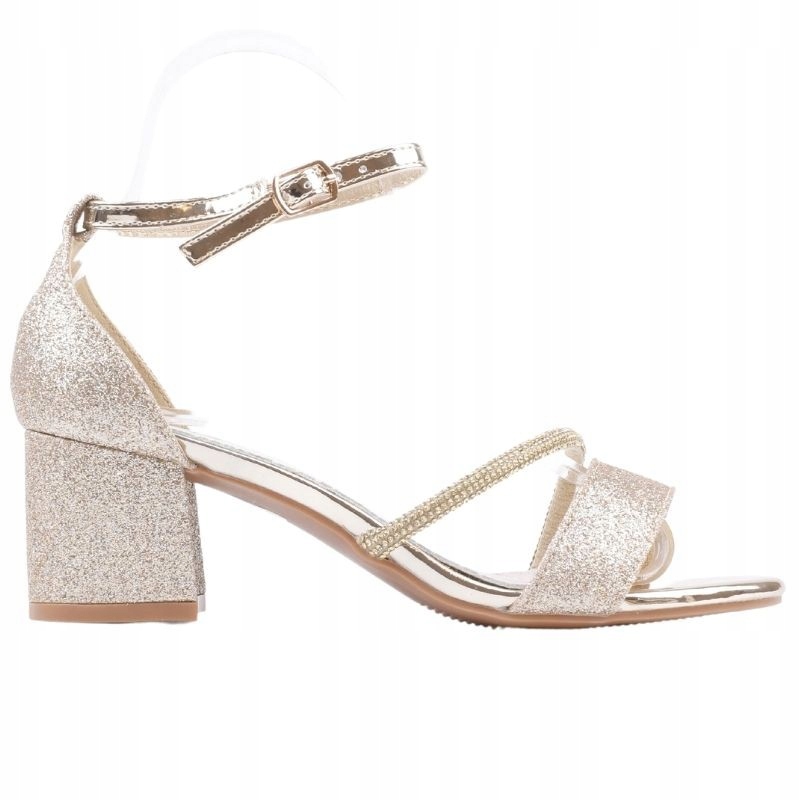 Złote Sandałki Damskie Błyszczące Na Słupku Obcasie Sandały