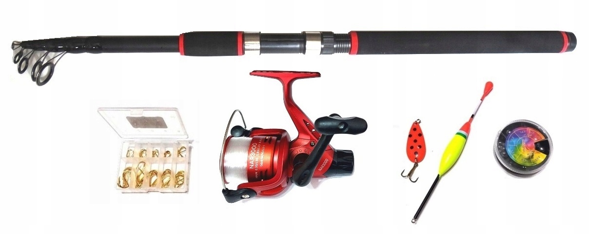 Zestaw wędkarski Wędka 3M Kołowrotek 4 łożyska Haczyki Ołów Żyłka Spławik