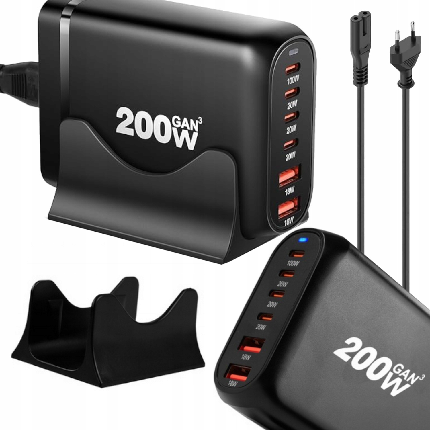 Síťová Nabíječka 200W GaN Qc 6xUSB Rychlá Výkonná Stolní Dokovací Stanice