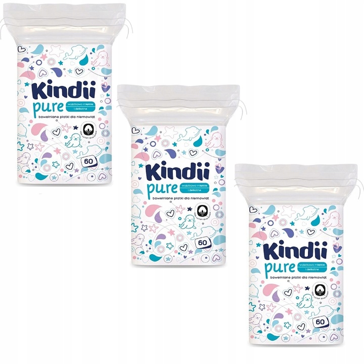 KINDII PURE DUŻE KWADRATOWE BAWEŁNIANE PŁATKI DLA NIEMOWLĄT 60 SZT