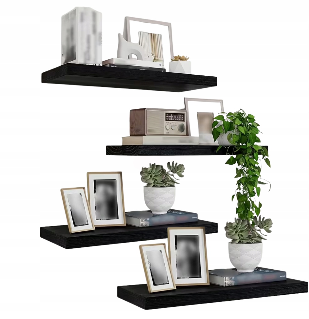 Sada 4 Dřevěných Polic Pro Plovoucí Dikom Retro Loft Černé Barvy