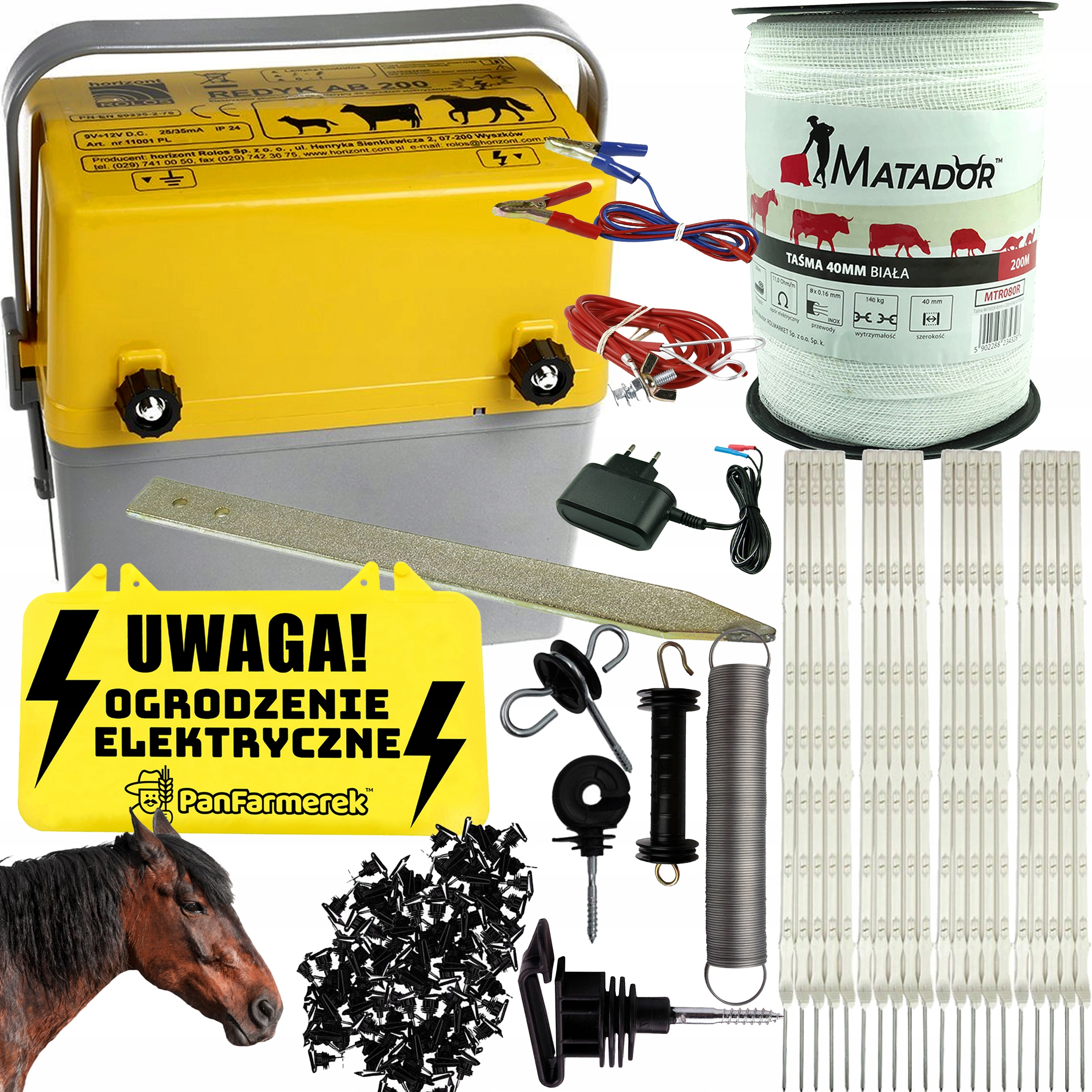 PASTUCH ELEKTRYCZNY DLA KONI Z TAŚMĄ 40mm elektryzator +PALIKI IZOLATORY