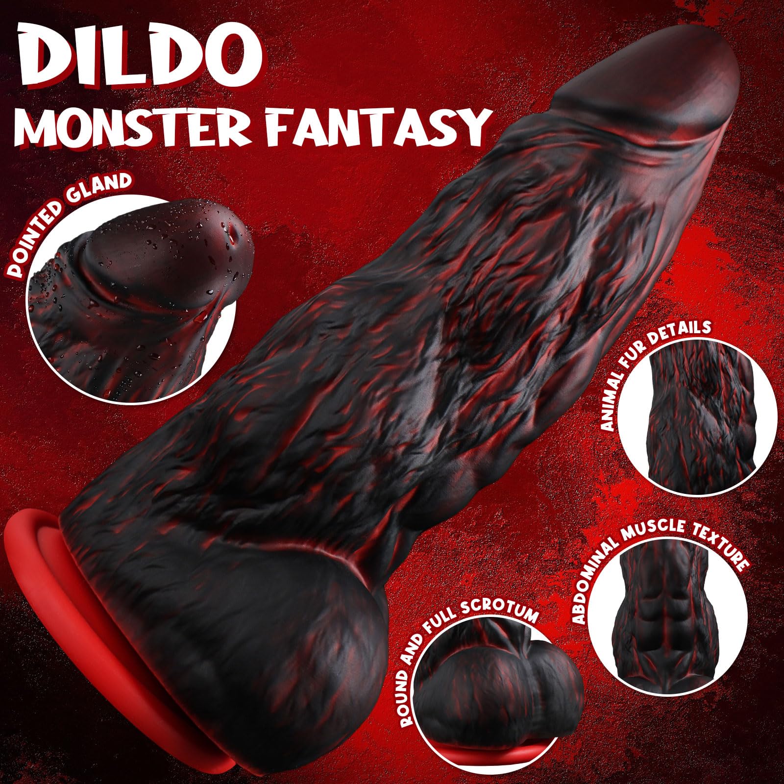 MONSTER Knot Dildo Fantasy Ogon Z Dwoma Węzłami Czarny Czerwony Silikonowy — miniatura 2