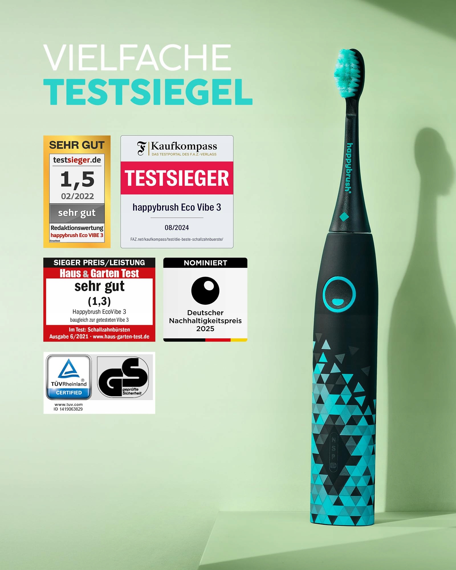 HAPPYBRUSH ECO VIBE 3 Szczoteczka Soniczna Czarna Miętowa Z Akumulatorem — miniatura 2