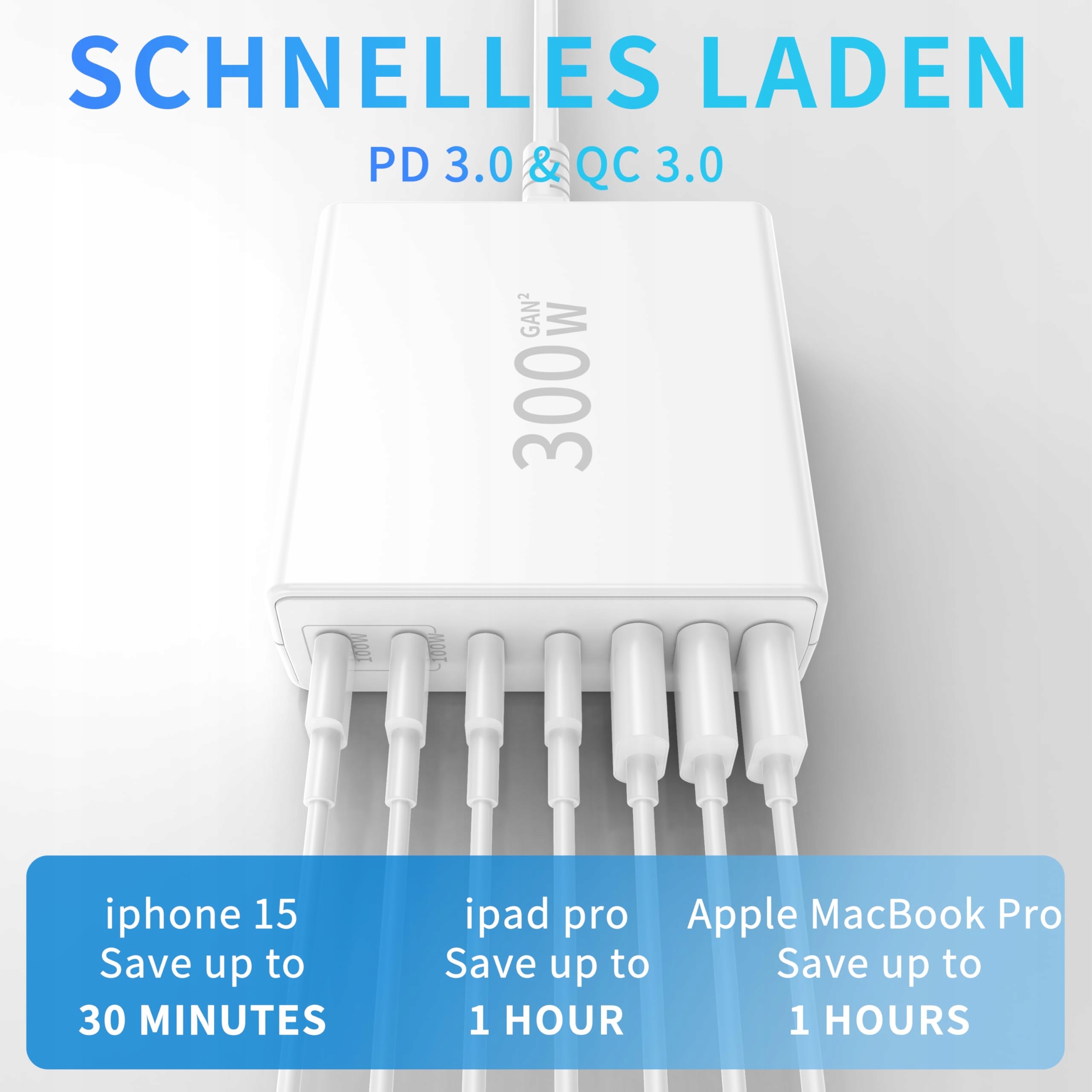 FINIBO Ładowarka USB C 300 W, wielokrotna: 7 portów USB — miniatura 3