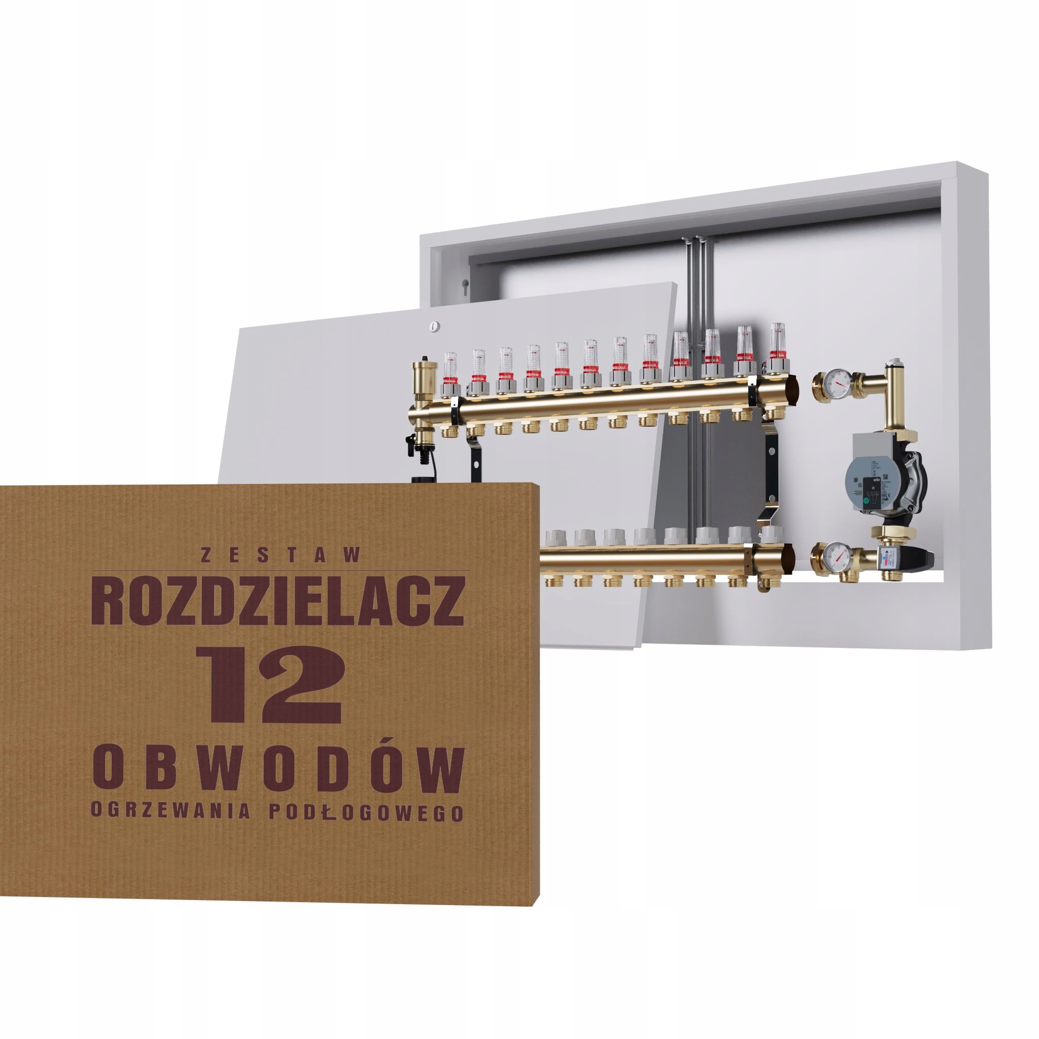 Rozdělovač pro podlahovku 12 okruhů s čerpací skupinou Wilo nástěnný box
