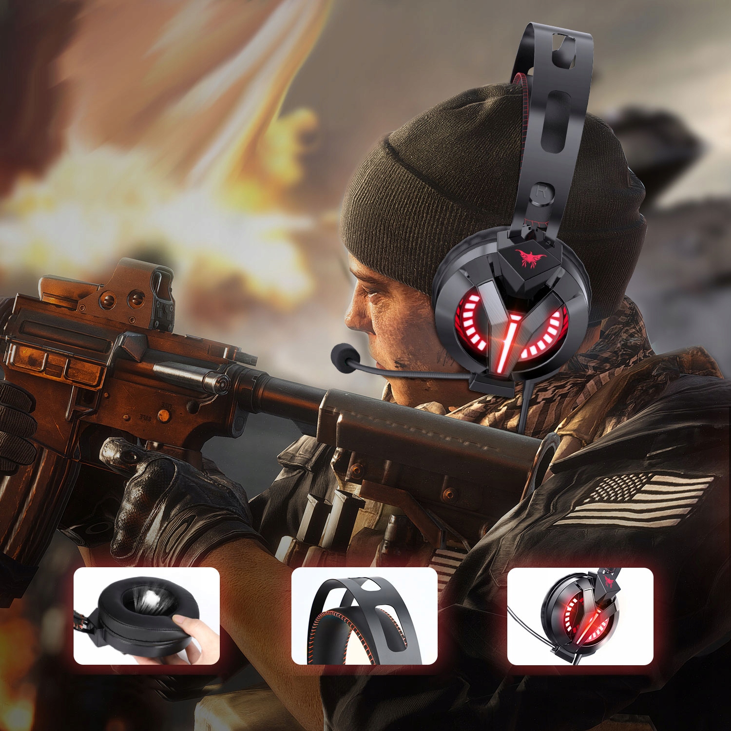 SŁUCHAWKI GAMINGOWE HEADSET GRACZA PC PS4 XBOX LED Kolor czarny