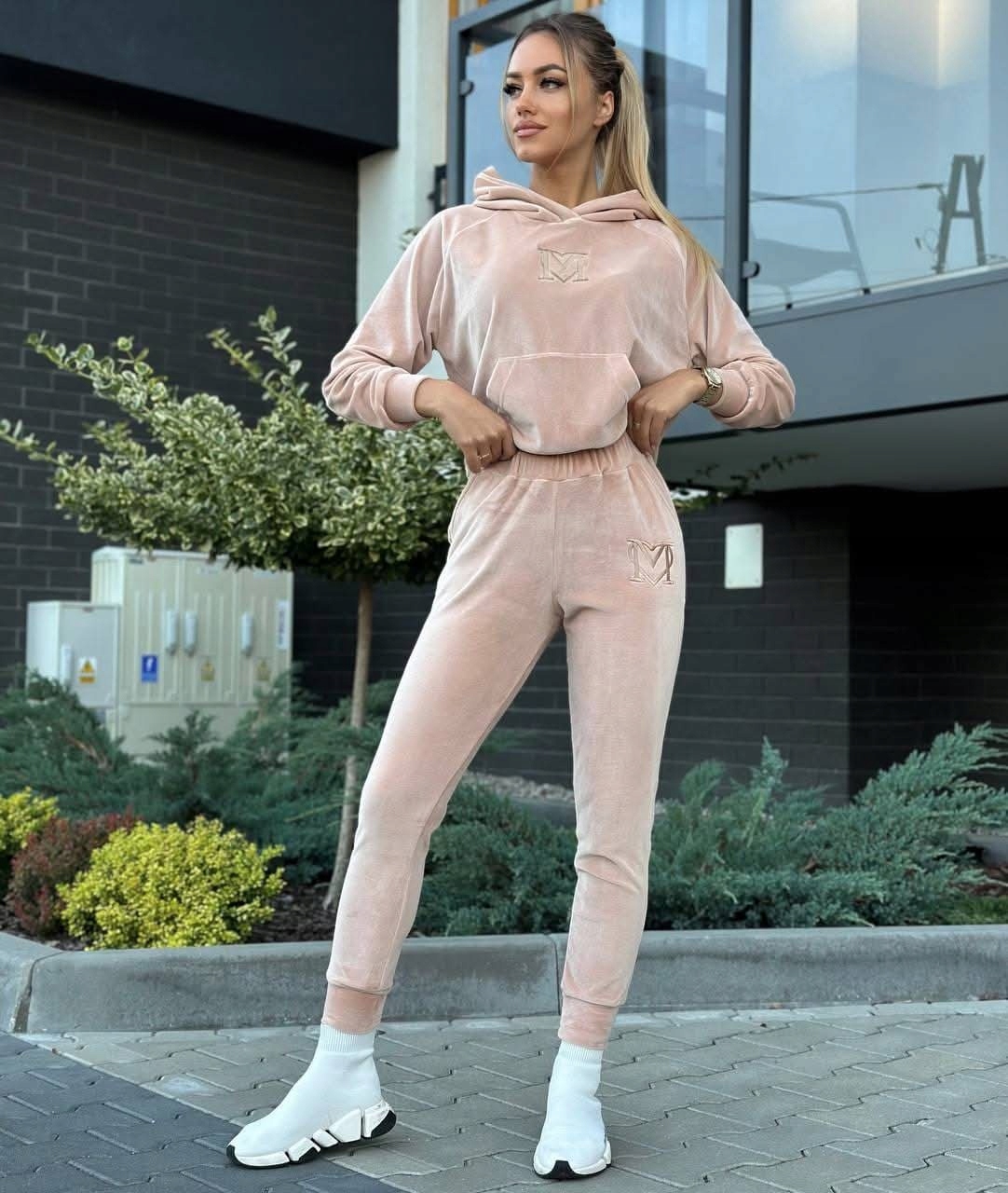 Tepláková Souprava Marina Velurová Teplákovka Mikina kalhoty Výšivka Béžová Xs