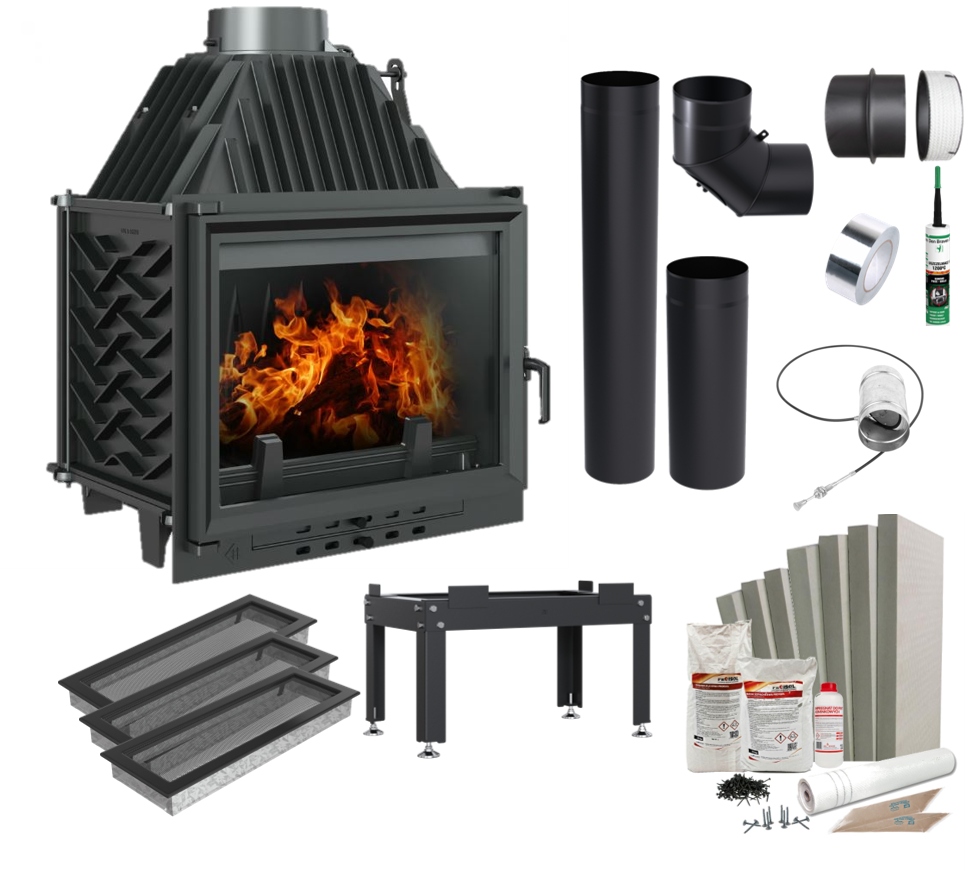 Litinový teplovzdušný krb Kratki Zuzia Eco 12 kW Ø 200 Celý Set