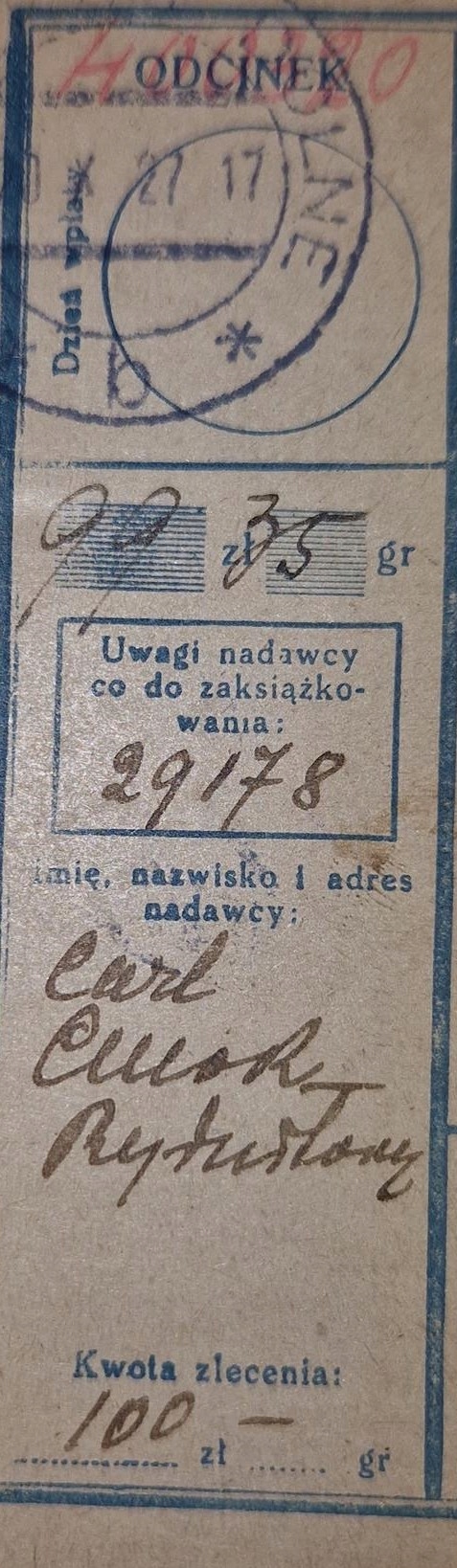 Przekaz pocztowy Rydułtowy Dolne 20.X.1927 rok