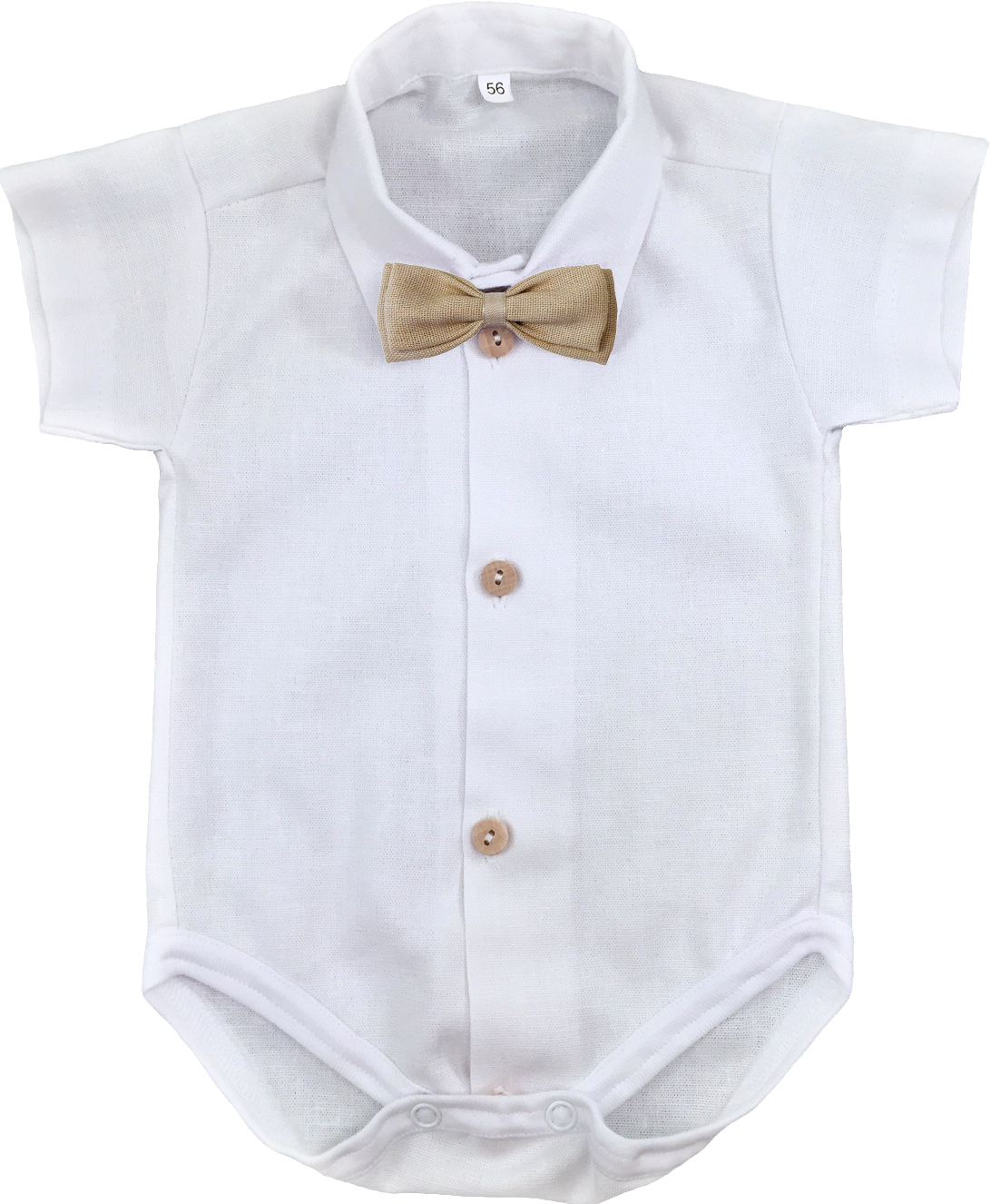 KOSZULOBODY białe lniane wizytowe 56 cm +0 len z beżową muszką