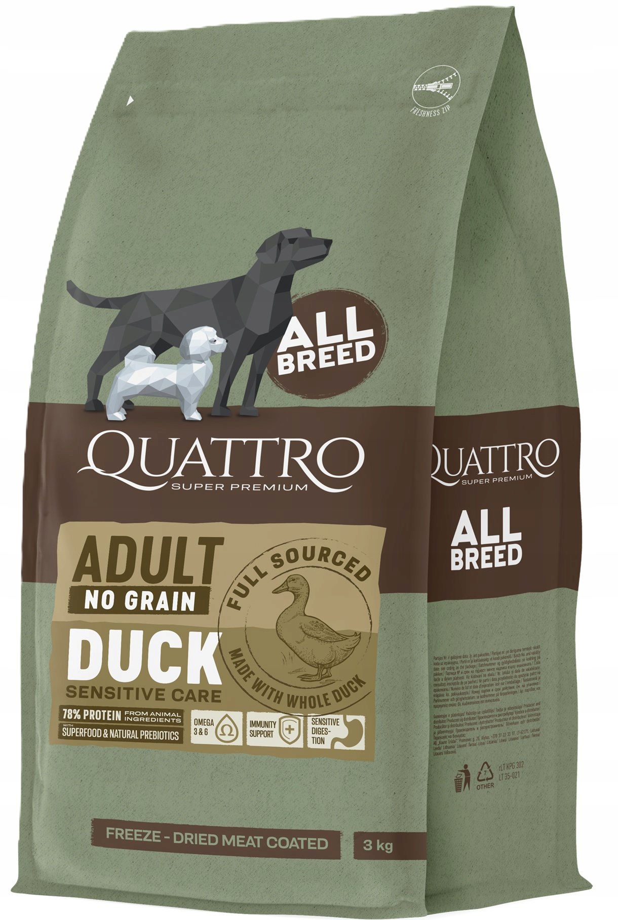 Levně Quattro Kachna 3 kg Suché Krmivo pro psy všech plemen