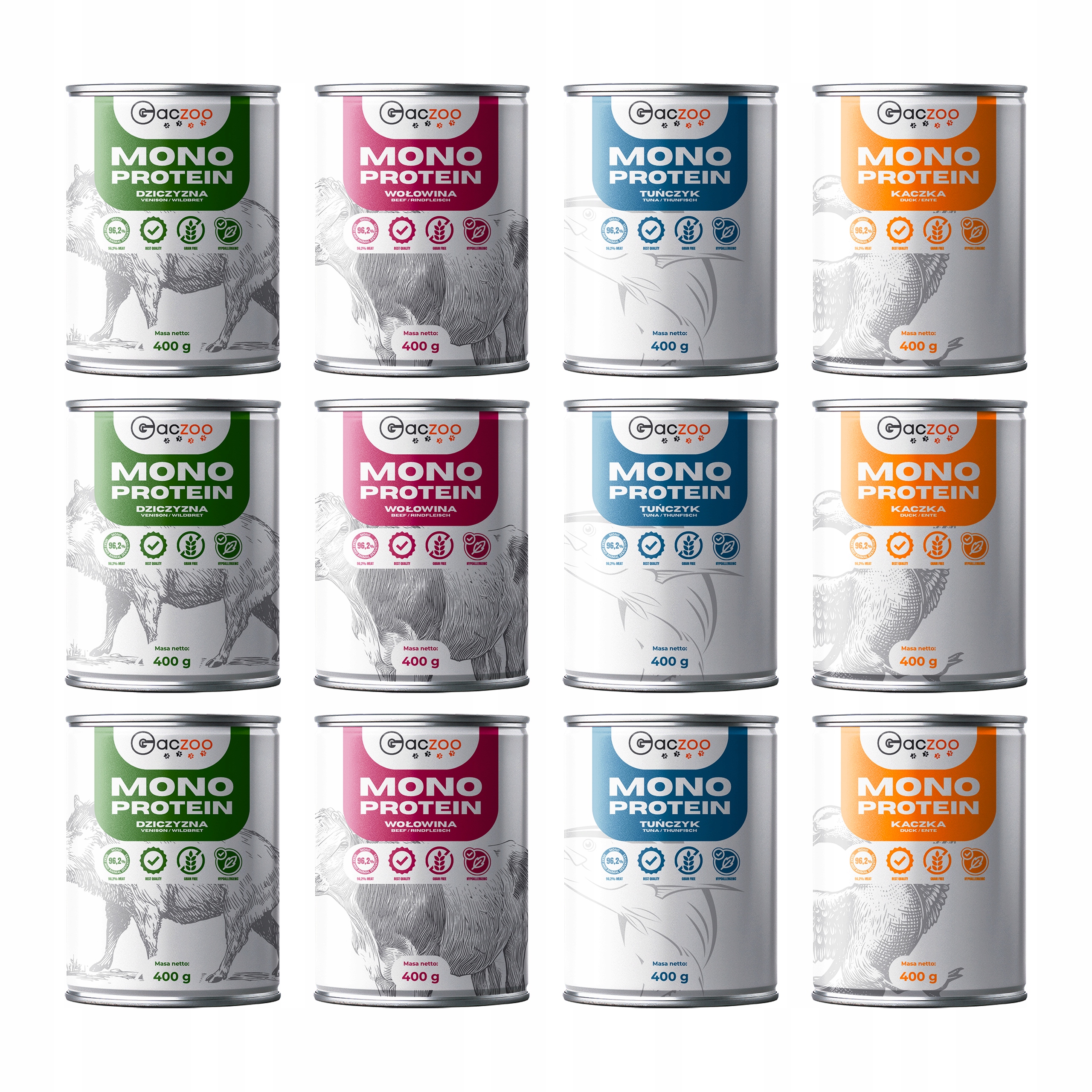 Gaczoo Mono Protein monobiałkowa karma mokra dla psa mix smaków 12 x 400g