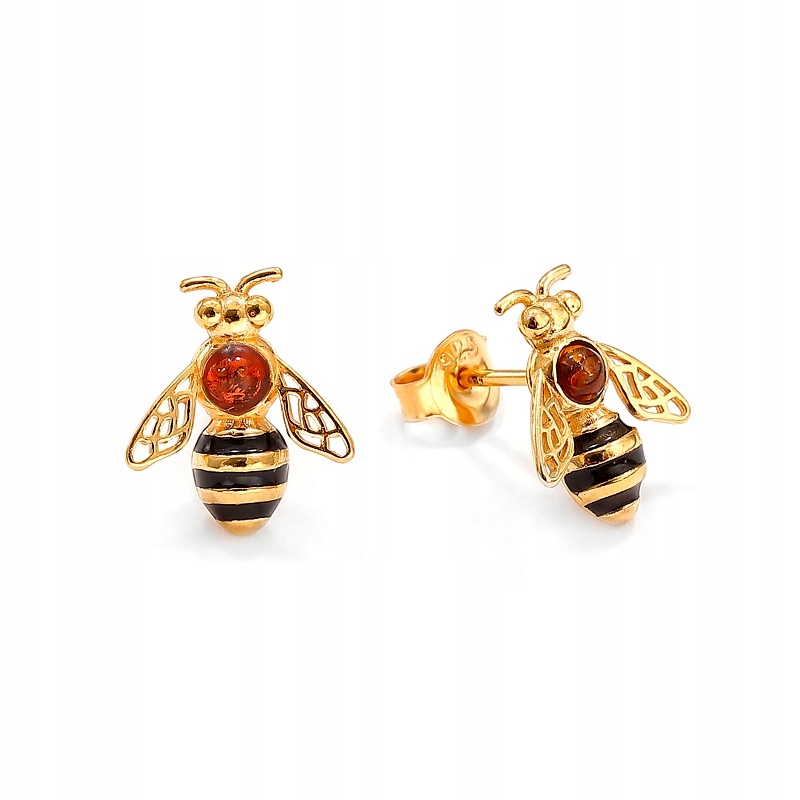 Zlaté Náušnice S Včelou A Jantarovým Pěnem, Zlacené Stříbro