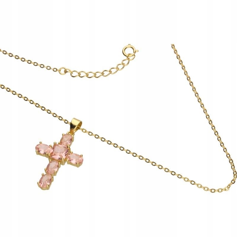Stříbrný pozlacený náhrdelník 925 s křížkem a růžovými zirkony pro ni
