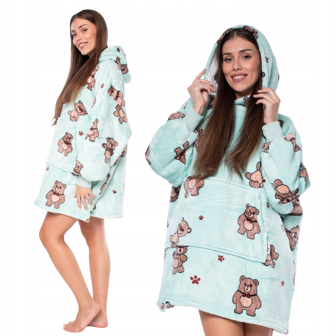 Mikina Deka Mikinová Deka 2v1 Oversize Kapuce Tlustá Sherpa Modrá v Medvídku