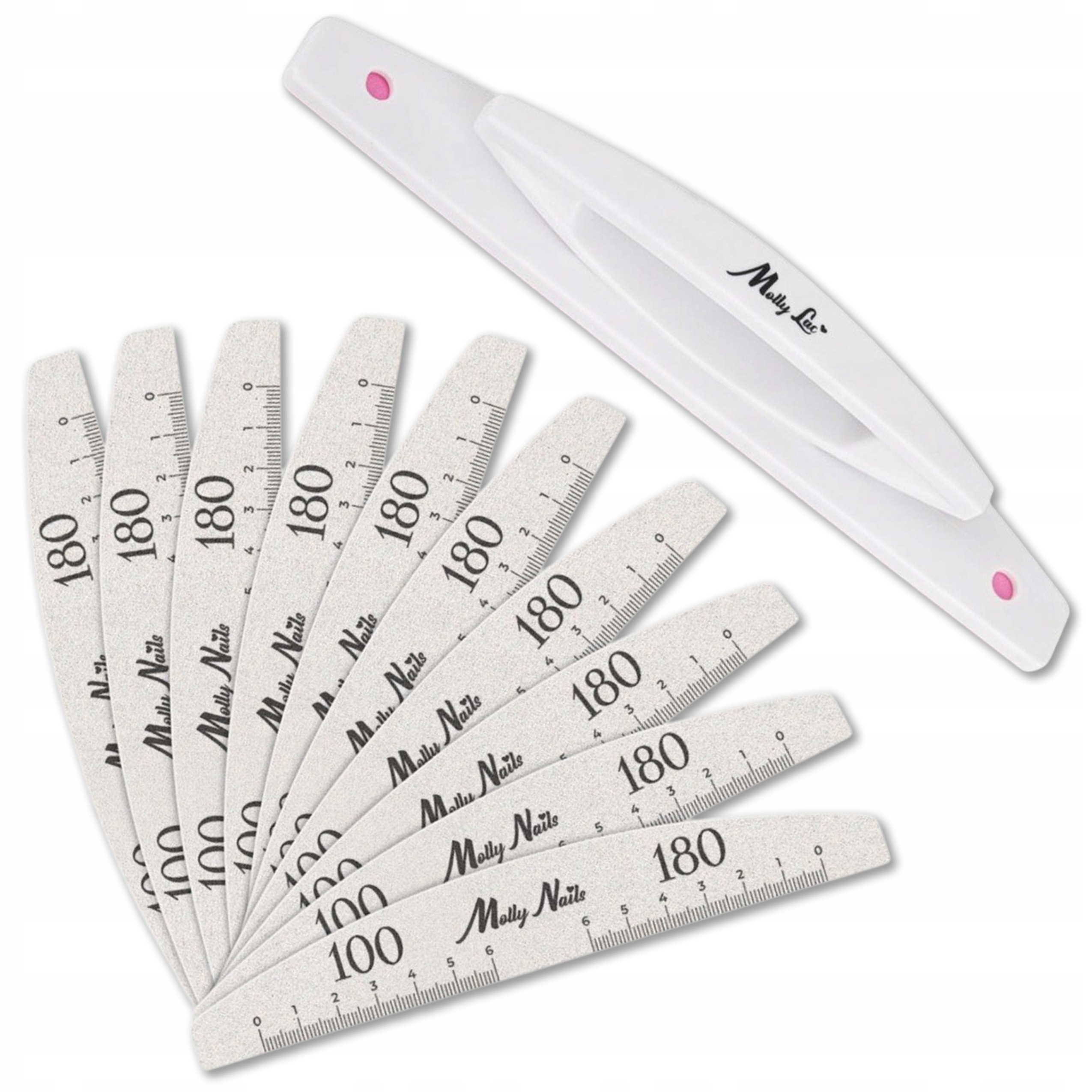 50 x Pilník Na Nehty Loďka Půlměsíc Mollynails Zebra 100/180 Držák