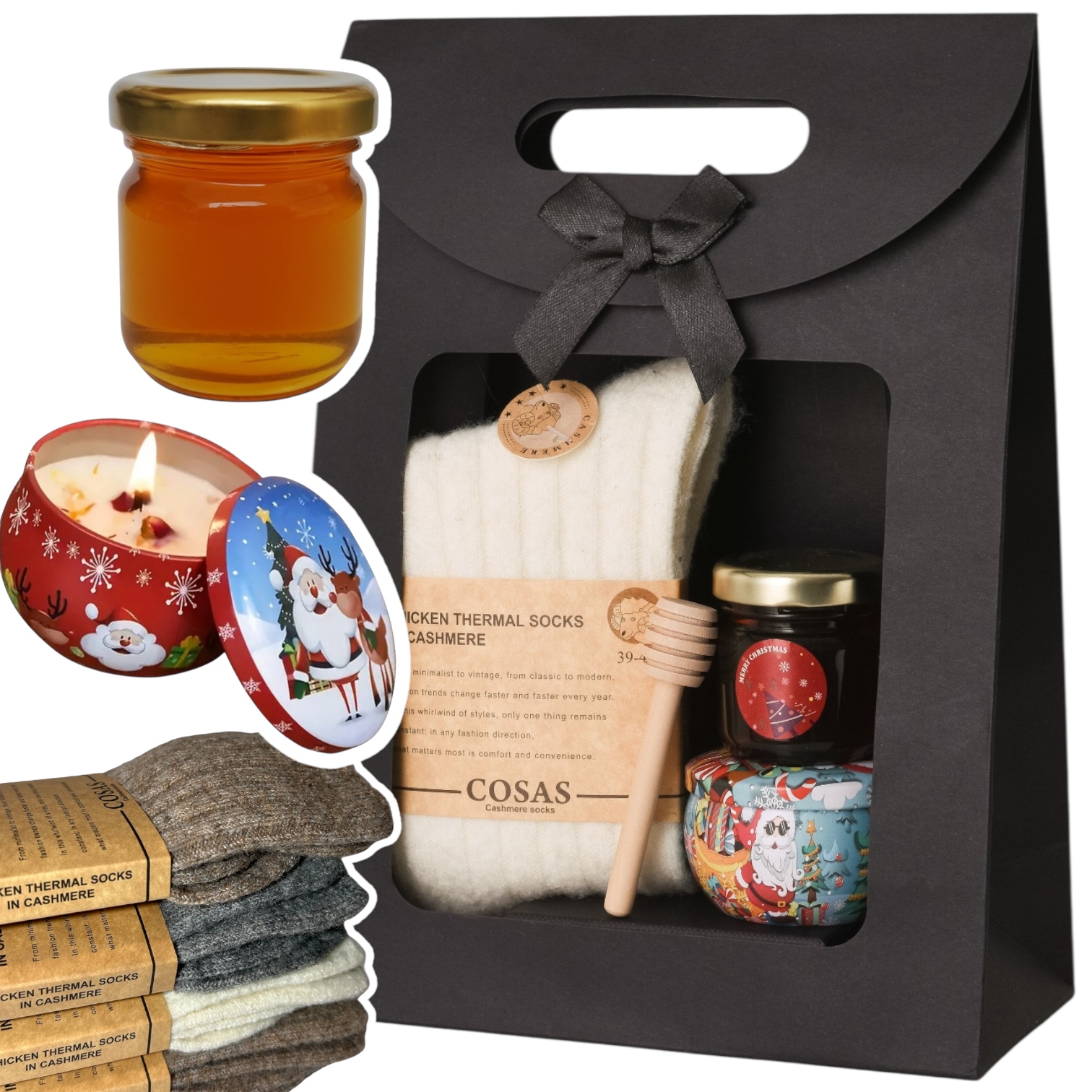 Levně Dárková sada Vánoční Med ponožky Kašmír vonná svíčka Sójová