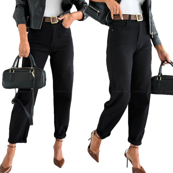 M.sara Spodnie Jeansowe Mom Fit Luźniejsze Nogawki Pasek Czarne 48 4XL