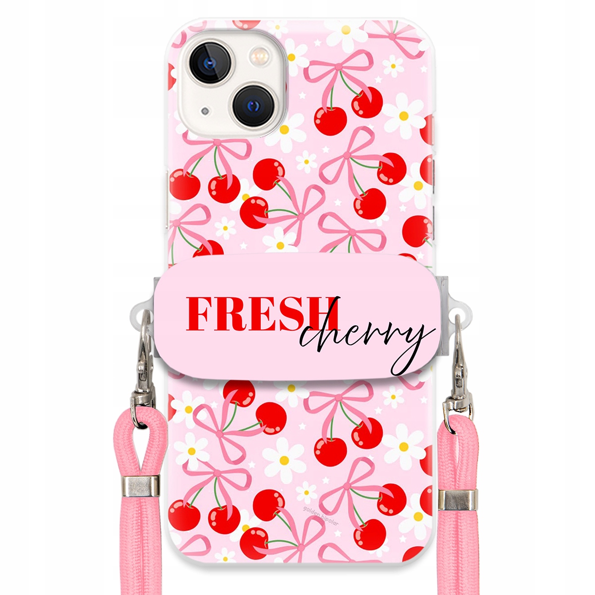 Puzdro pre iPHONE 14 Plus držiak na šnúrku Ružový Fresh Cherry Kokardy