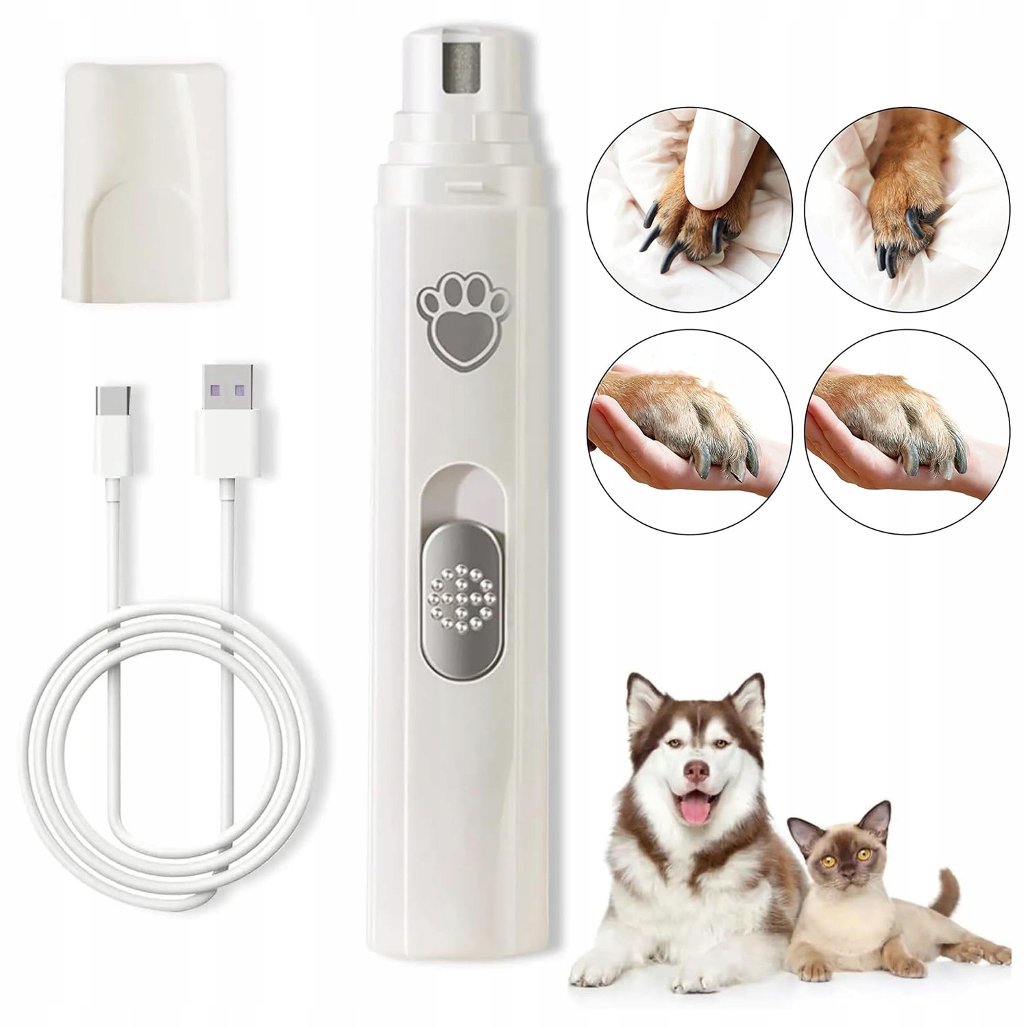 Levně Elektrický Pilník Strojek Na Drápky Pro Psy A Kočky 3 Frézy Bílý