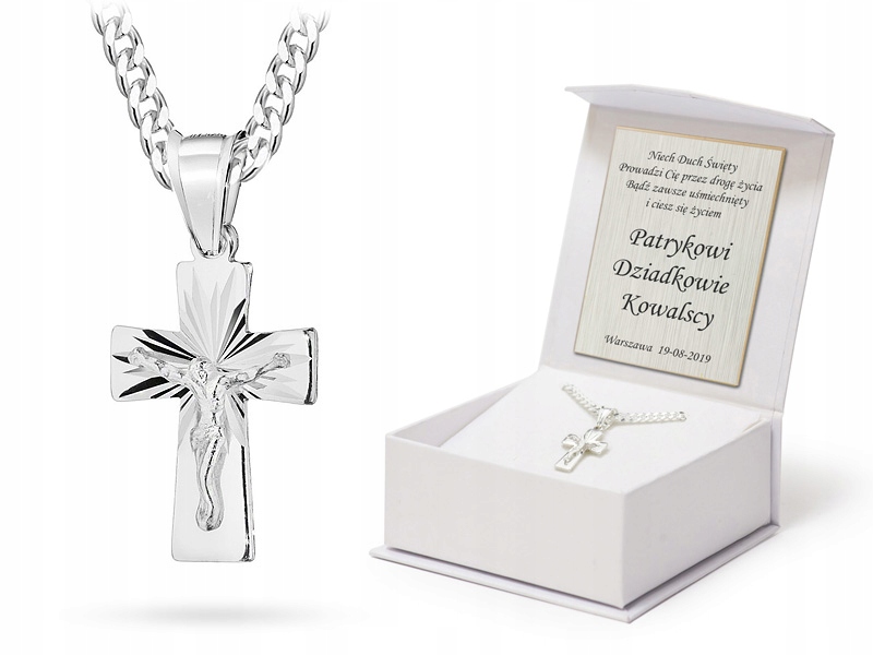 ŁAŃCUSZEK SREBRNY PANCERKA 55cm z KRZYŻEM + GRAWER