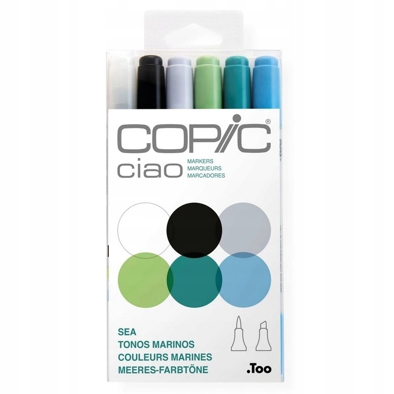 Lihové fixy Copic Ciao oboustranné Brush & Chisel 6 ks, tóny moře