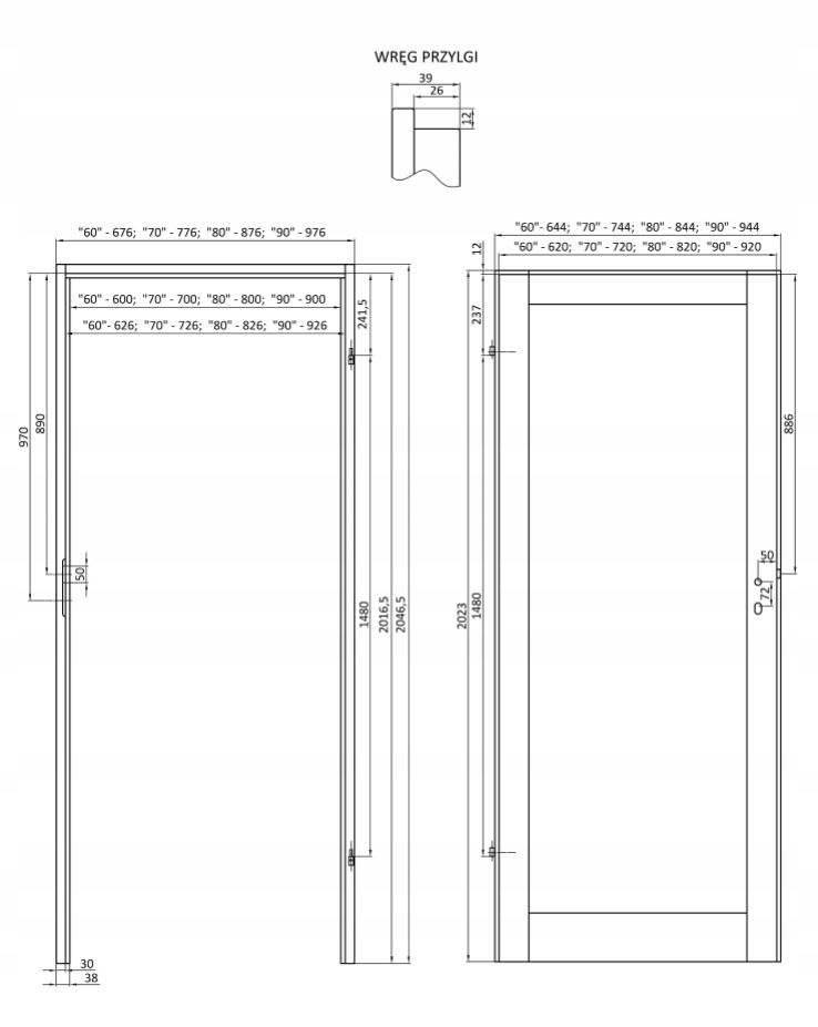 DRZWI SOSNOWE KORNIK OKTAWA BS. WC 60 Szerokość drzwi 60 cm