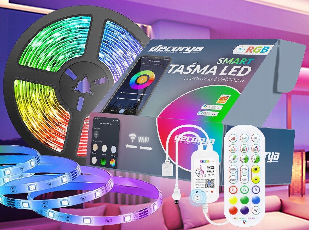 TAŚMA LEDOWA RGB 5M Z PILOTEM WIFI ZASILACZ LED Marka Decorya