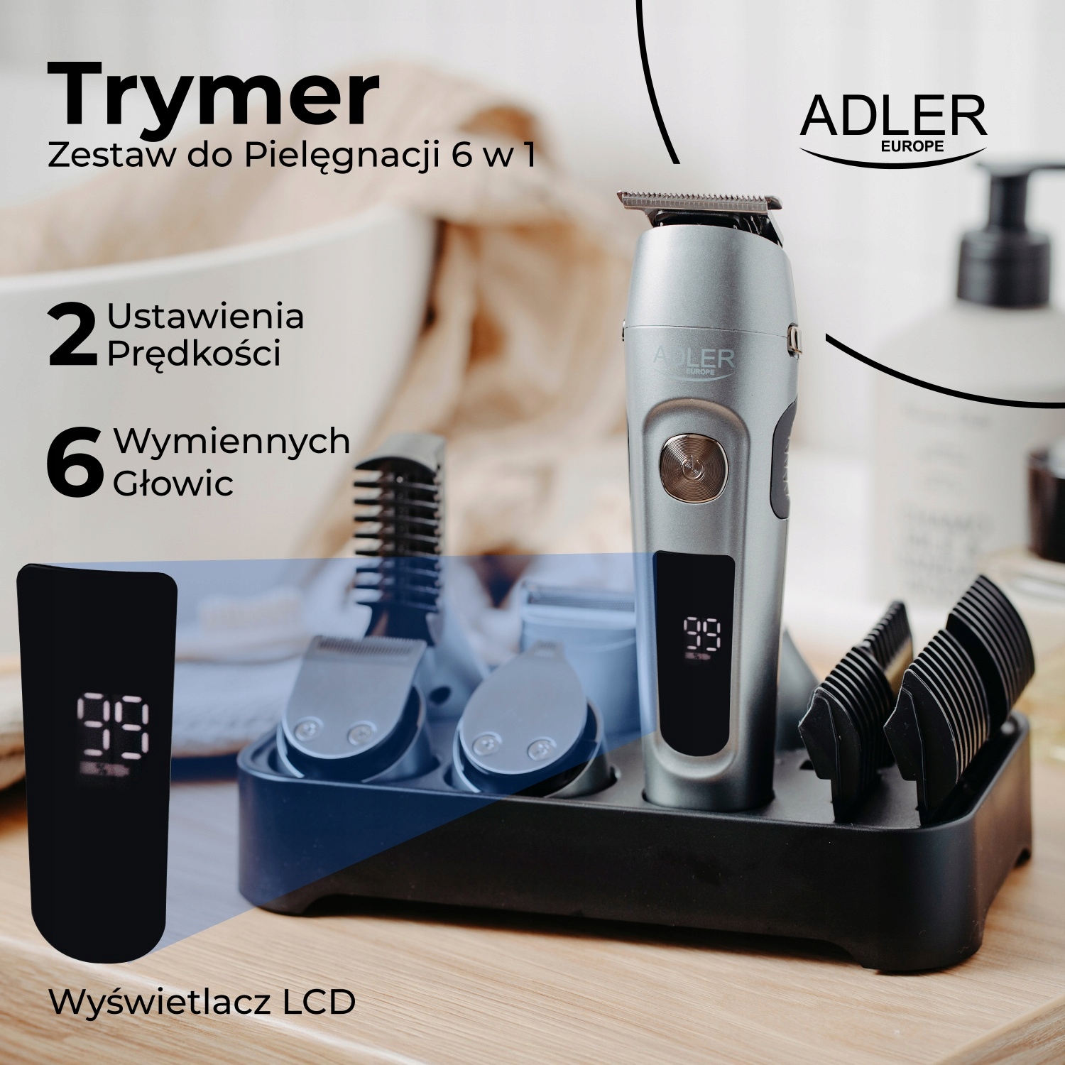 Trymer AD 2944 - Zestaw 6 w 1 z Wyświetlaczem LCD i Bazą