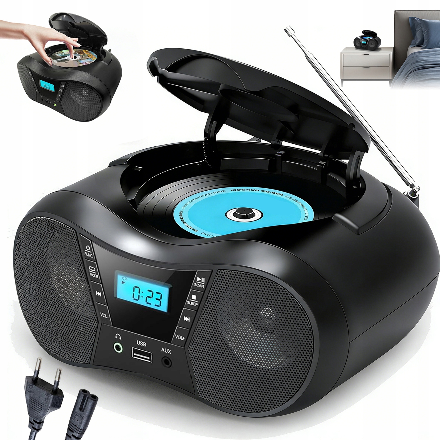 Odtwarzacz CD przenośny akumulatorowy Bluetooth AUX