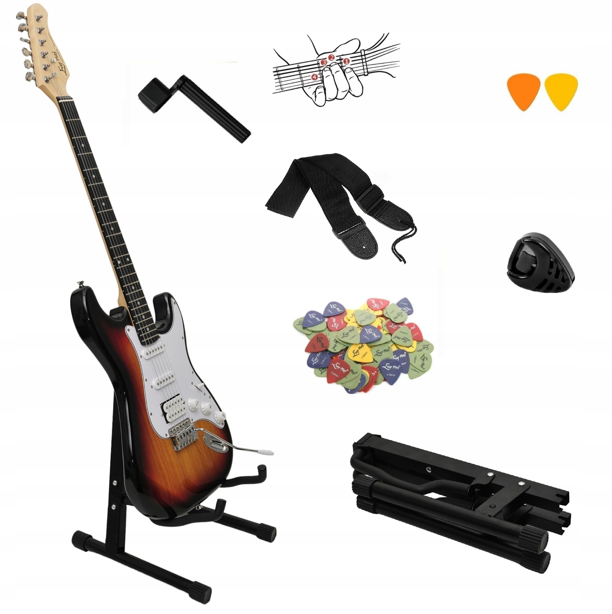 STABILNY METALOWY STOJAK NA GITARE SKŁADANY A + KORBKA + PASEK + GRATISY