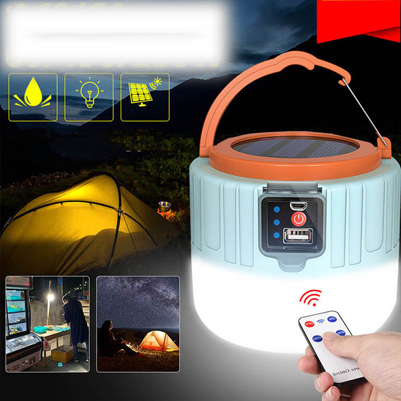 SOLARNA LAMPA KEMPINGOWA AKUMULATOROWA USB LAMPA LED DO NAMIOTU Z PILOTEM Kolor dominujący odcienie niebieskiego