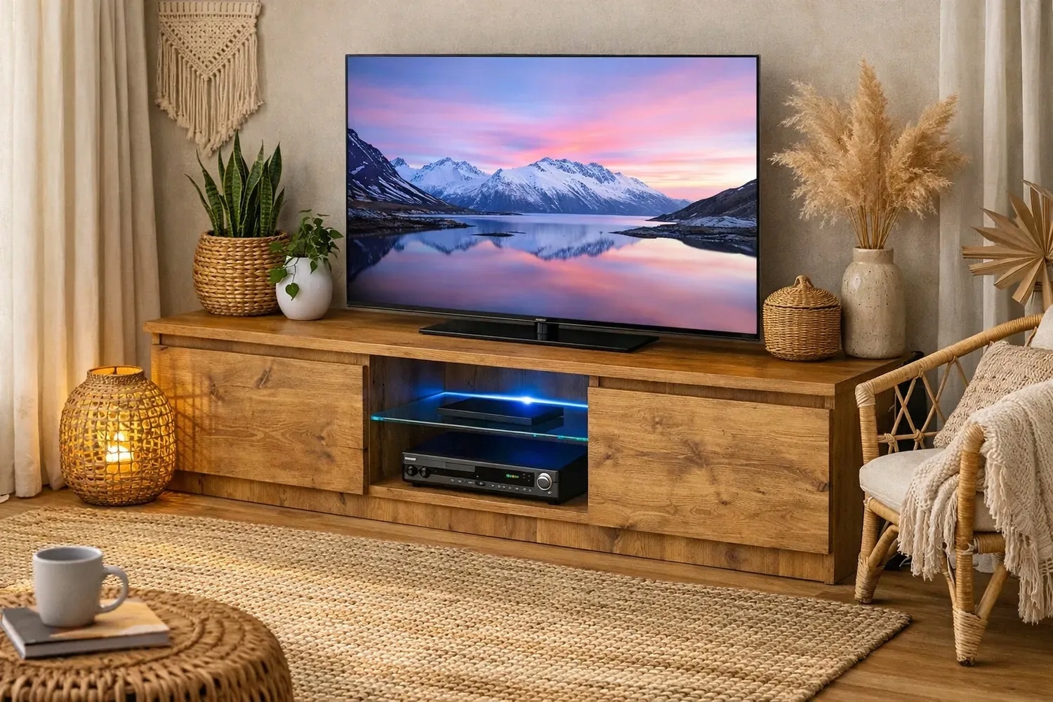 Szafka RTV dąb LanceLot 120cm + LED półka szklana Cichy Domyk PRODUCENT
