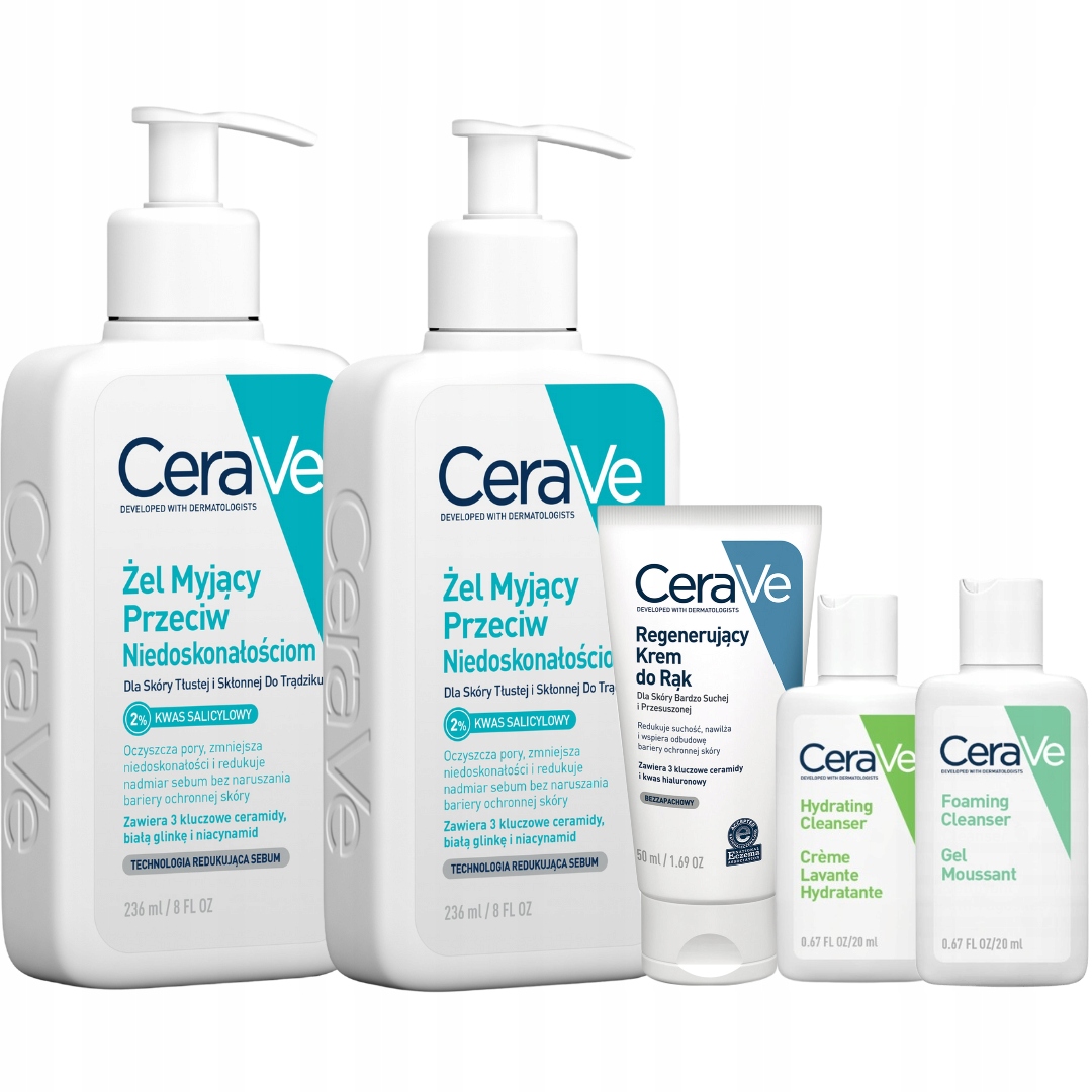 CeraVe Zestaw Żel Myjący Przeciw Niedoskonałościom 236ml x2, Krem do Rąk