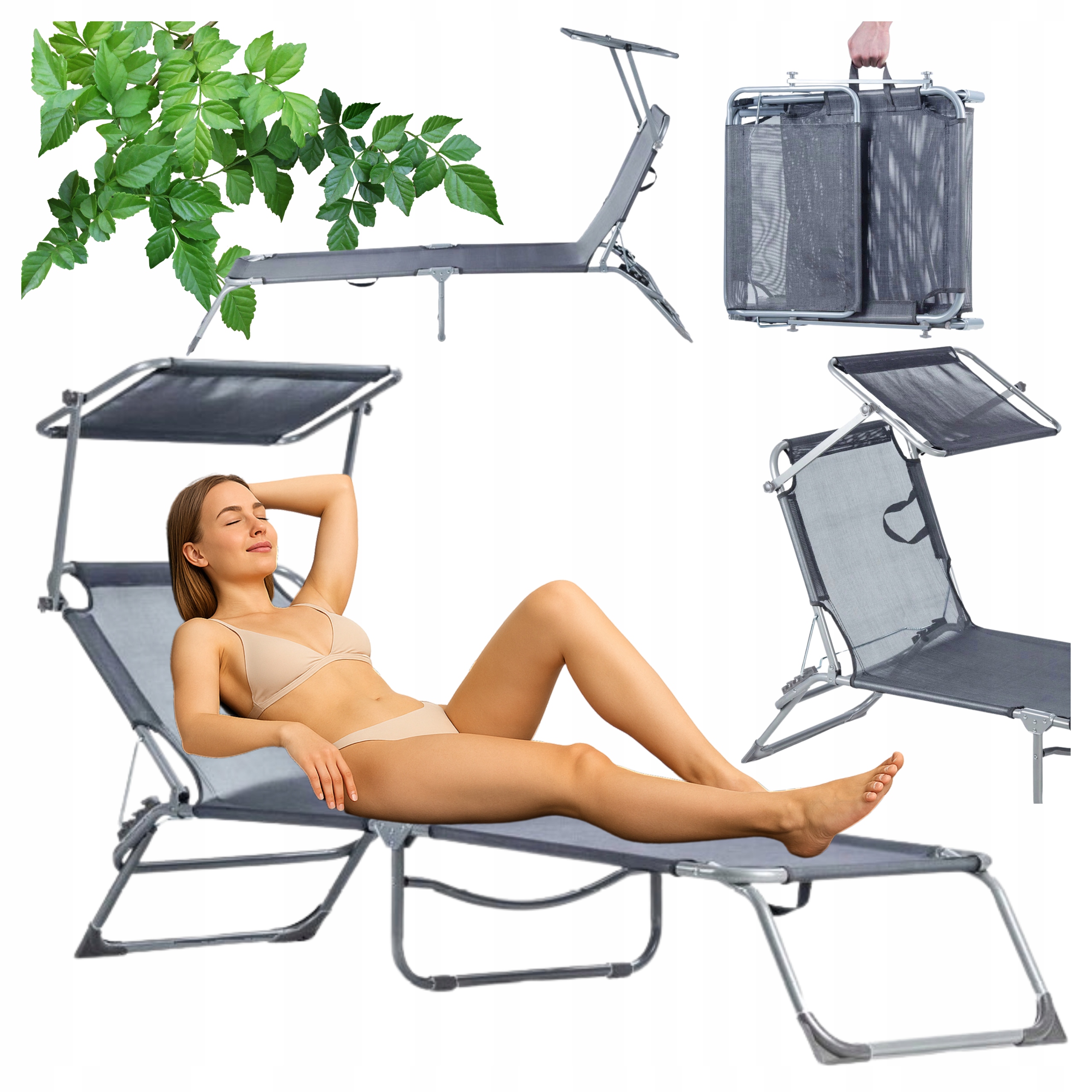 Leżak Ogrodowy Plażowy Składany Z Daszkiem Regulowane Oparcie Leżanka Szary