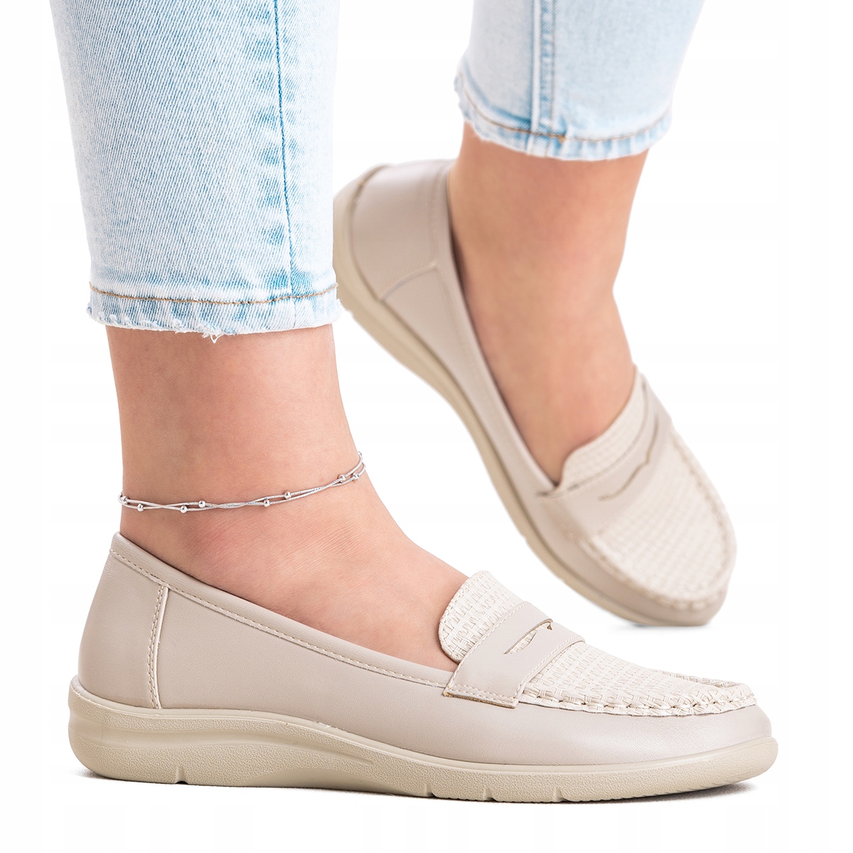 Polobotky šířky H, lehké nazouvací mokasíny béžové, kožená stélka Wojtyłko 40