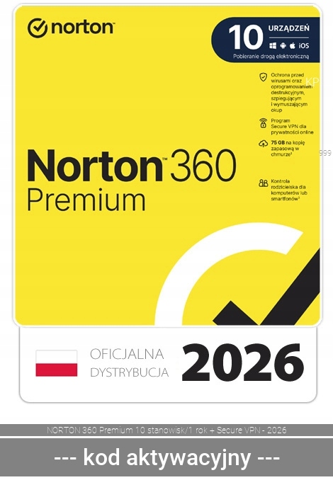 Antywirus Norton 360 Premium VPN Backup 75GB 10PC/1 rok - nowa licencja ESD